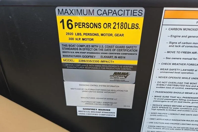 Slide: The Image of Maximum capacity label for Godfrey Monaco 235 DFL iMPACT Package, 16 persons or 2180 lbs. - 2