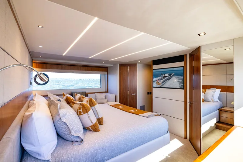 Slide: The Image of Luxurious bedroom interior of 2020 Sunseeker Predator 74 yacht with ocean view. - 44