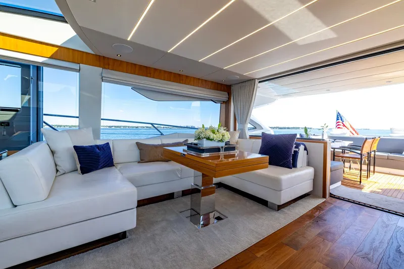 Slide: The Image of Luxurious interior of 2020 Sunseeker Predator 74 yacht with elegant seating and ocean view. - 58