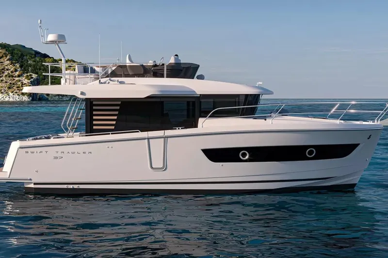 The Image of 2026 Beneteau Swift Trawler 37 FLY on calm sea, side view. - 1