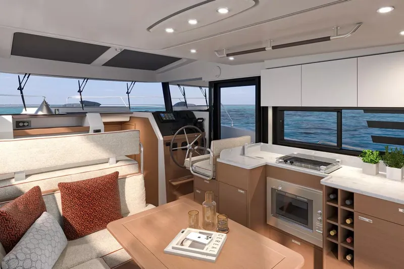 Slide: The Image of Interior of 2026 Beneteau Swift Trawler 37 FLY, featuring modern kitchen and seating area. - 10