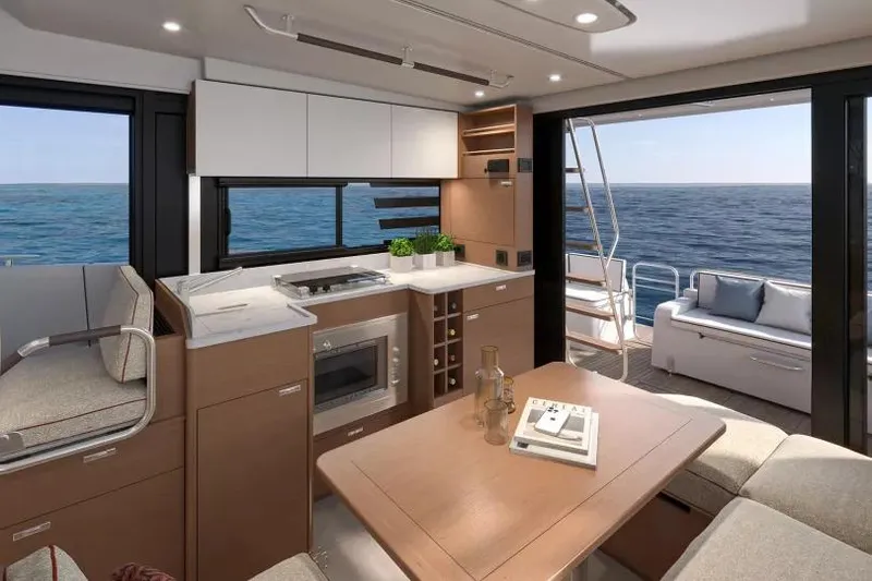 Slide: The Image of Luxurious interior of 2026 Beneteau Swift Trawler 37 FLY with ocean view. - 9