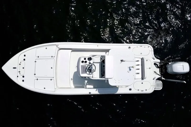 Slide: The Image of Overhead view of 2017 Yellowfin 24 Bay CE boat on dark water. - 9