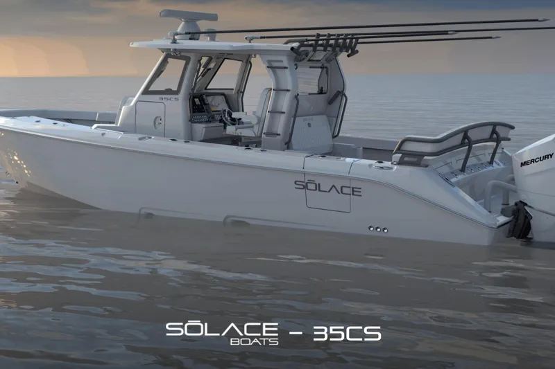 The Image of 2026 Solace 35CS boat on calm water at sunset, showcasing sleek design and modern features. - 1