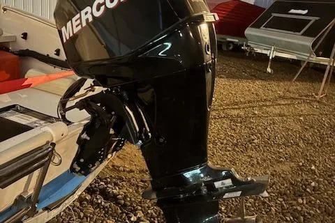 Slide: The Image of 2010 Boston Whaler 150 Super Sport with Mercury outboard motor in storage. - 4