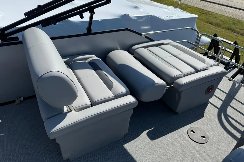 Slide: The Image of 2025 Bentley Pontoons Legacy 243 QSB with luxurious gray seating arrangement. - 12