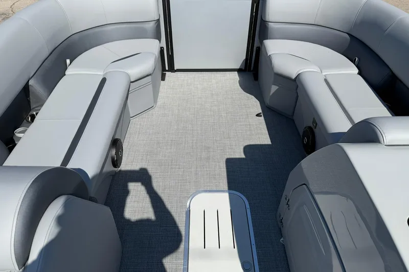 Slide: The Image of Interior of 2025 Bentley Pontoons Legacy 243 QSB with gray seating and flooring. - 8