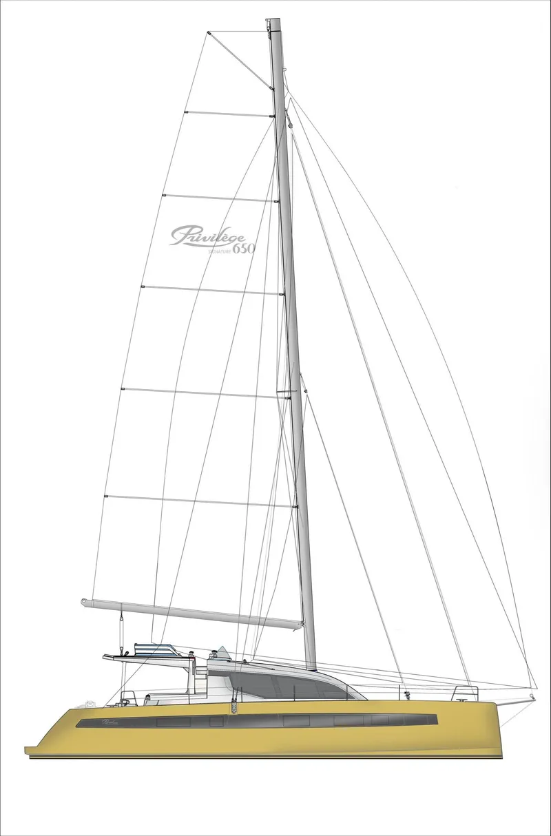 Slide: The Image of 2025 Privilege Signature 650 catamaran, side view, sleek design, white sails, yellow hull. - 47