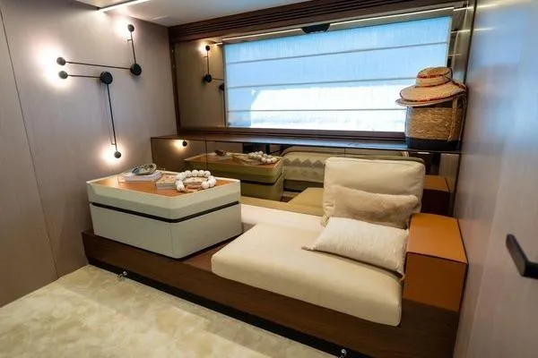 Slide: The Image of Luxurious interior of 2024 Azimut S7 yacht with modern seating and elegant decor. - 13