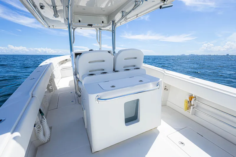 Slide: The Image of 2018 Jupiter 38 FS boat interior on open sea, clear sky, modern design. - 26