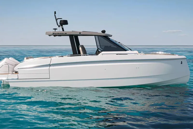 Slide: The Image of 2026 Beneteau Grand Turismo 35 luxury boat on clear blue water. - 2