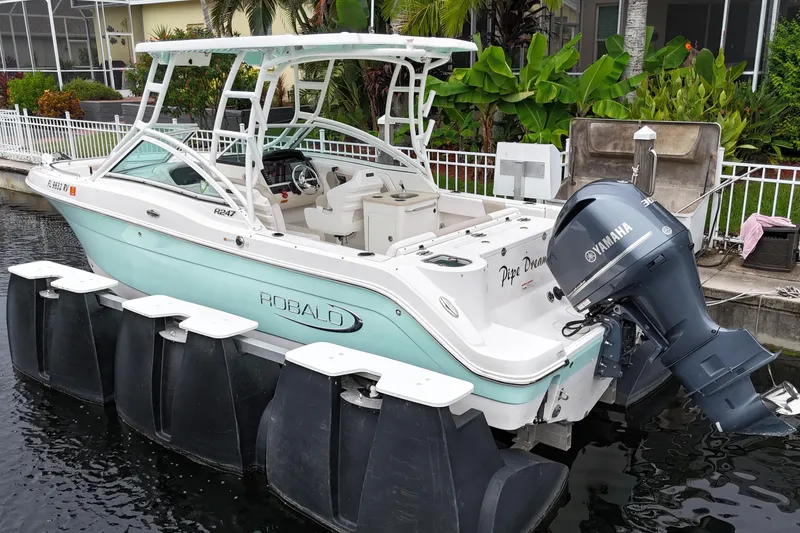Slide: The Image of 2019 Robalo R247 Dual Console boat docked with Yamaha engine. - 13