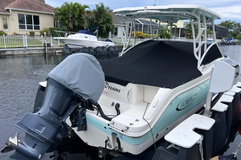 Slide: The Image of 2019 Robalo R247 Dual Console boat docked in a canal, covered and secured. - 14