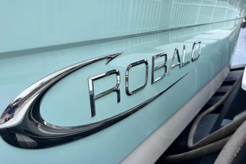 Slide: The Image of 2019 Robalo R247 Dual Console boat logo on light blue hull. - 20
