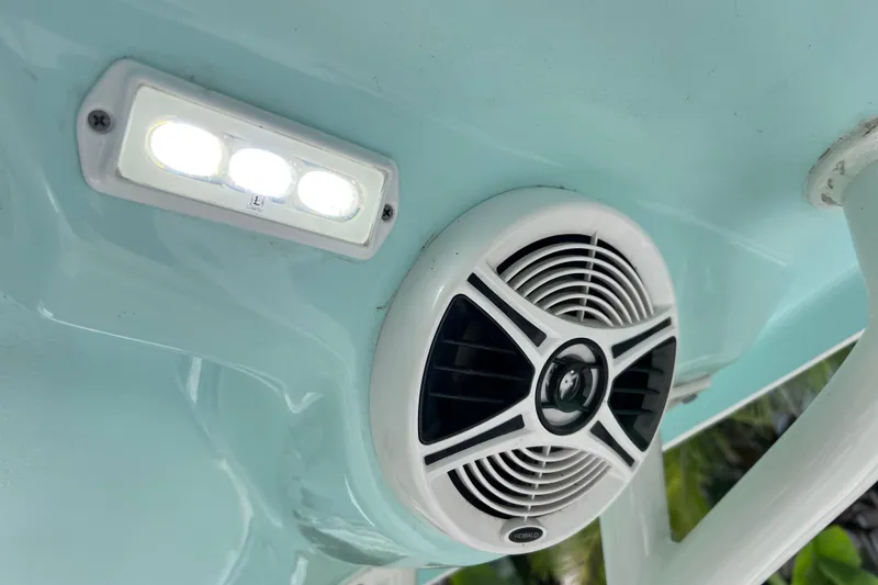 Slide: The Image of 2019 Robalo R247 Dual Console boat with LED light and speaker detail. - 29