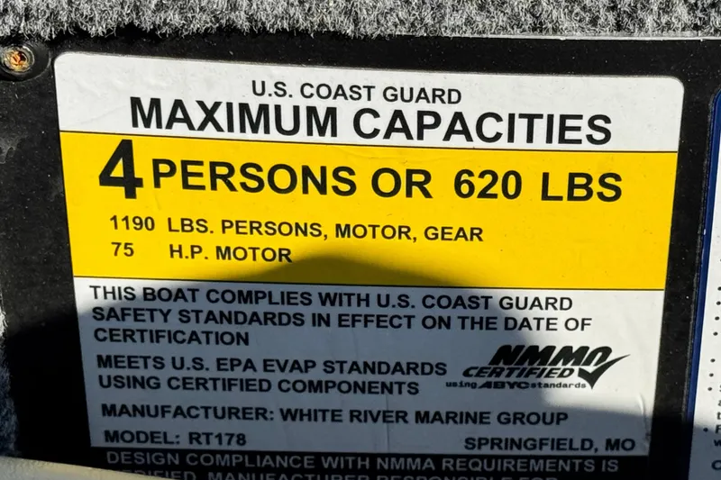 Slide: The Image of 2021 Ranger RT178 capacity label: 4 persons or 620 lbs, 75 HP motor. - 20