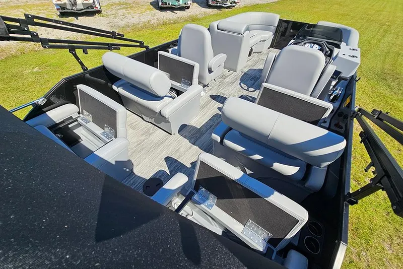 Slide: The Image of 2026 Bentley Pontoons Legacy 223 interior with luxurious seating and modern design. - 13