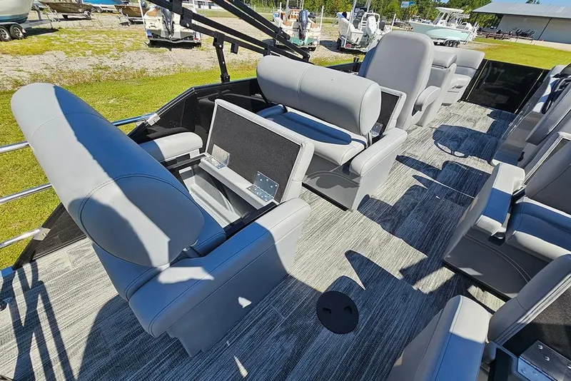 Slide: The Image of 2026 Bentley Pontoons Legacy 223 interior with gray seating and modern design. - 14