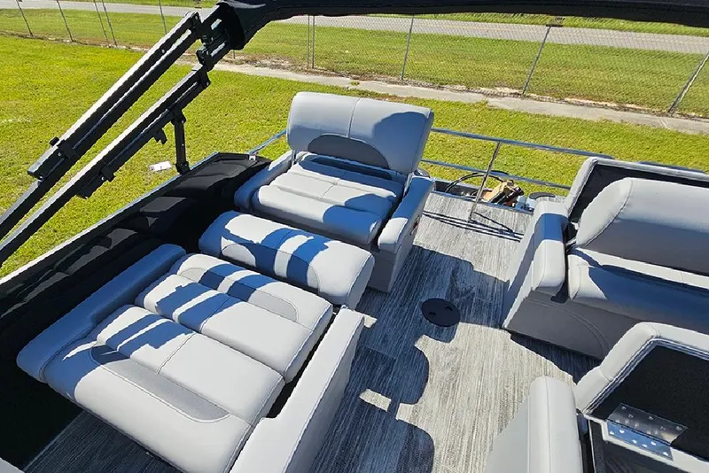 Slide: The Image of 2026 Bentley Pontoons Legacy 223 interior with luxurious seating and modern design. - 16