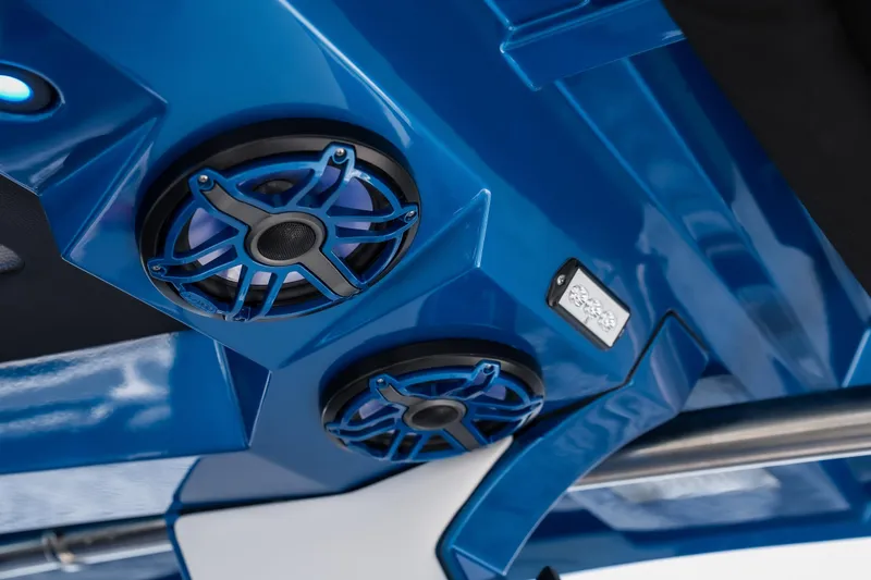Slide: The Image of Blue speakers on a 2026 Fountain 43 SCX boat, showcasing modern audio design. - 7