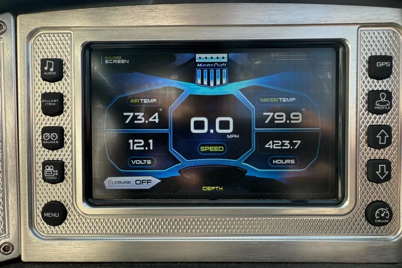 Slide: The Image of 2015 MasterCraft X30 dashboard display showing air and water temperature, speed, and voltage. - 9