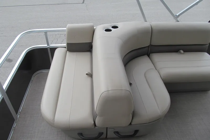 Slide: The Image of 2023 Sun Tracker Party Barge 18 DLX pontoon boat seating area with cup holders. - 10