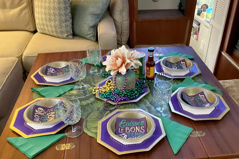 Slide: The Image of Festive table setting on 1988 Tollycraft 40 Sundeck Motor Yacht with Mardi Gras theme. - 19