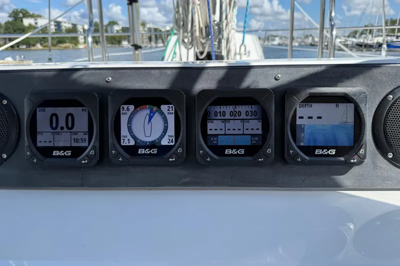 Slide: The Image of B&G navigation instruments on a 1984 Tayana 55 sailboat, displaying speed, wind, and depth data. - 29