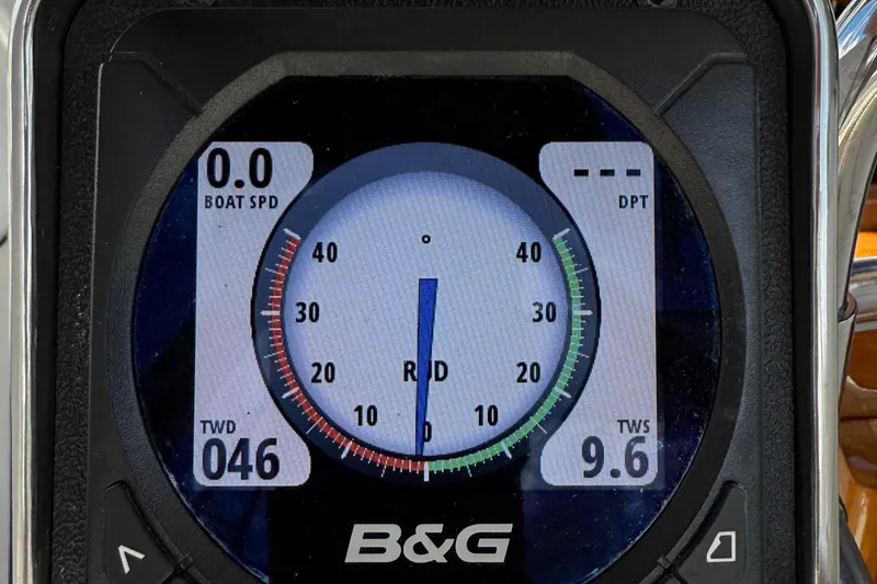 Slide: The Image of B&G marine instrument display on 1984 Tayana 55 sailboat, showing speed and wind data. - 30