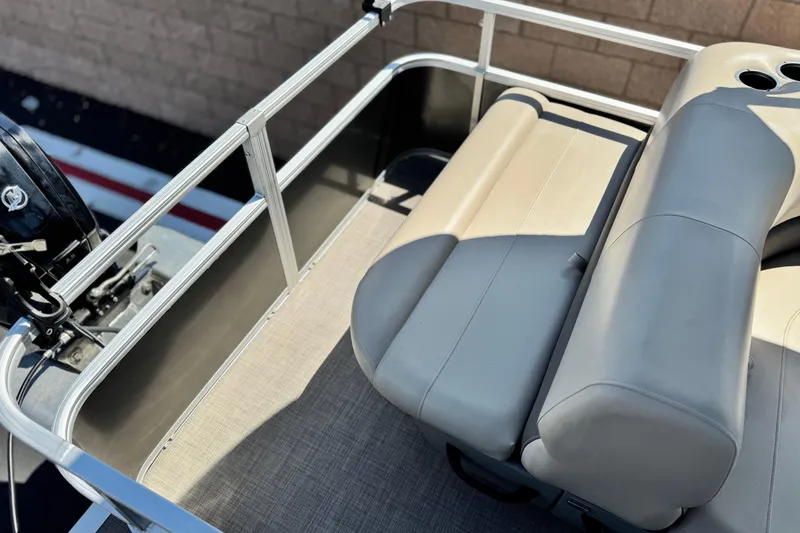 Slide: The Image of 2023 Sun Tracker Party Barge 18 DLX pontoon boat seating and railing detail. - 16