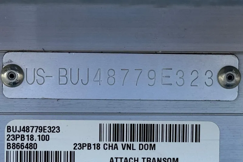 Slide: The Image of 2023 Sun Tracker Party Barge 18 DLX identification plate with serial number and barcode. - 26