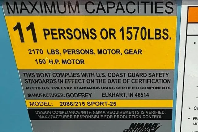 Slide: The Image of Maximum capacity label for Godfrey Xperience EX2086SFLX, 2026 model, 11 persons or 1570 lbs. - 11