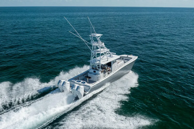 Slide: The Image of 2024 Freeman 43 boat cruising on open ocean waters. - 21