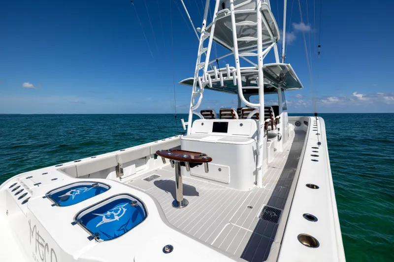 Slide: The Image of 2024 Freeman 43 boat on open sea, featuring spacious deck and modern design. - 31