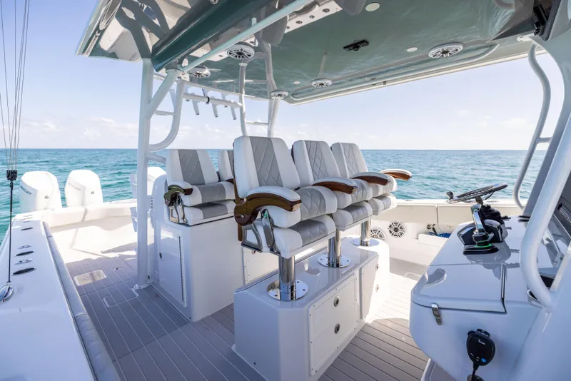 Slide: The Image of Luxury interior of 2024 Freeman 43 boat with ocean view and modern seating. - 51