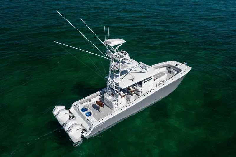 Slide: The Image of 2024 Freeman 43 boat on clear ocean water, aerial view. - 7