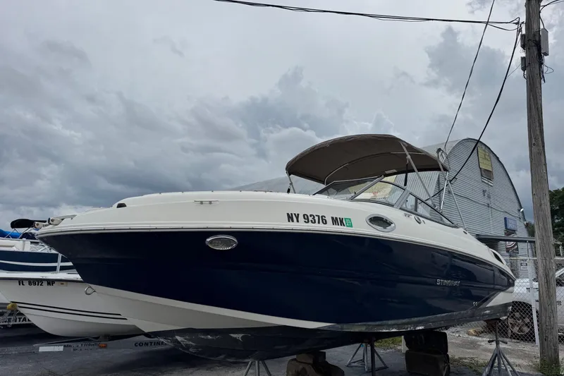 The Image of 2015 Stingray 215 LR boat on display, cloudy sky background. - 0