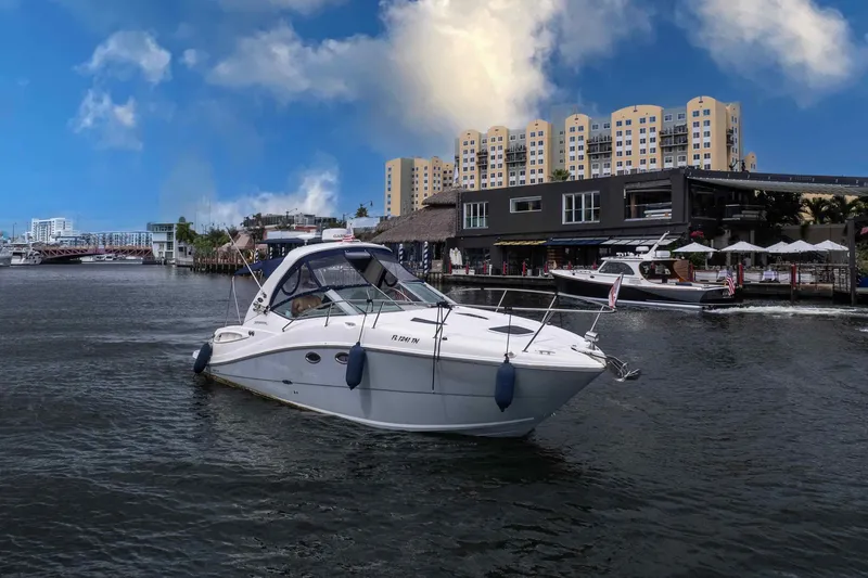 Slide: The Image of 2007 Sea Ray 290 Sundancer cruising near waterfront buildings under a blue sky. - 8