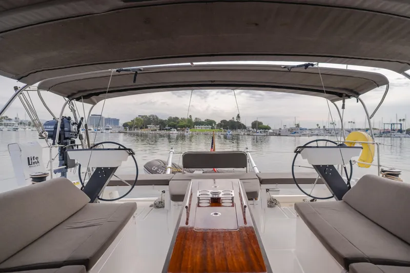 Slide: The Image of 2024 Dufour 470 yacht cockpit with dual steering wheels and comfortable seating. - 27