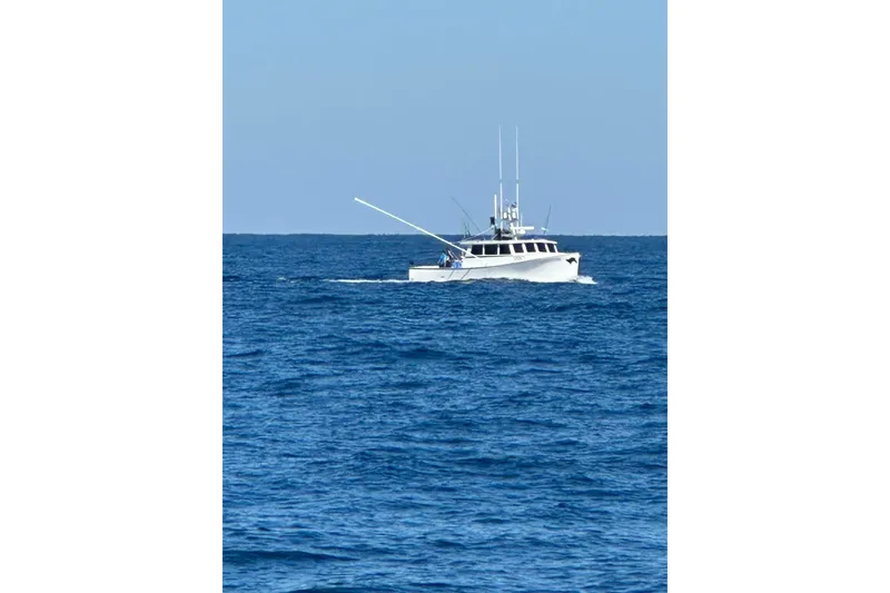 Slide: The Image of Mussle Ridge 46 boat, 2018 model, cruising on open blue sea. - 3
