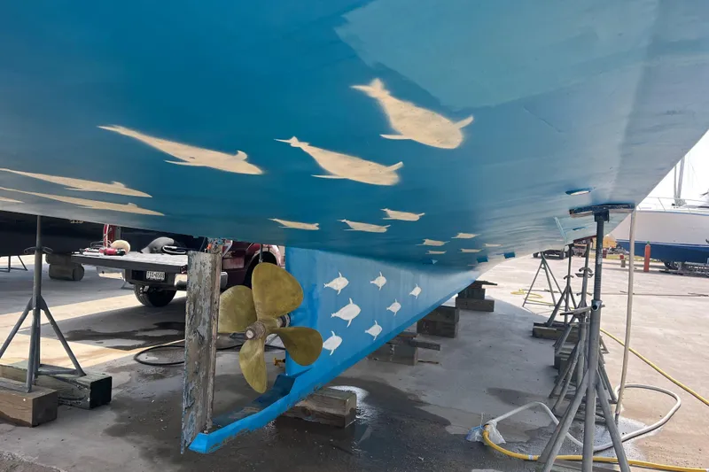 Slide: The Image of Blue hull of 2018 Mussle Ridge 46 with fish-shaped paint patches. - 9