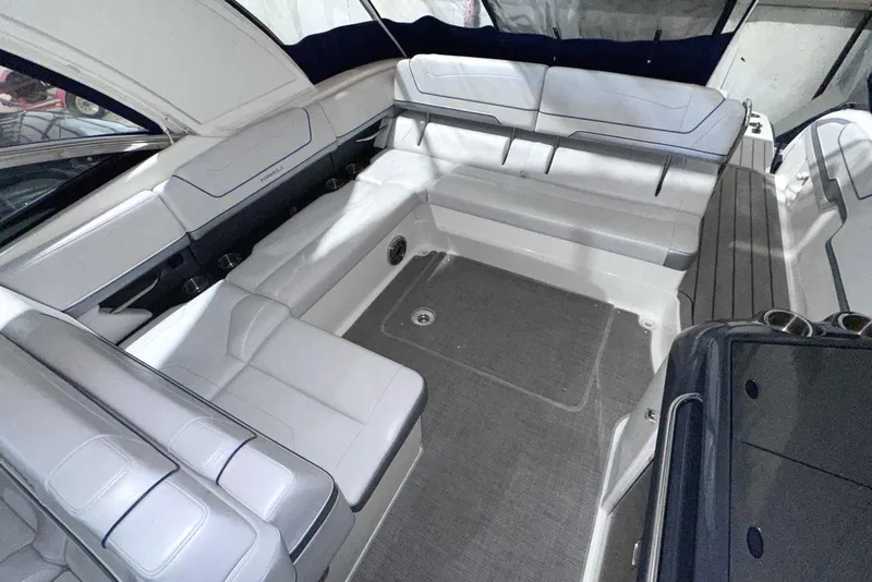 Slide: The Image of 2022 Formula 350 Sun Sport boat interior with spacious seating and modern design. - 15