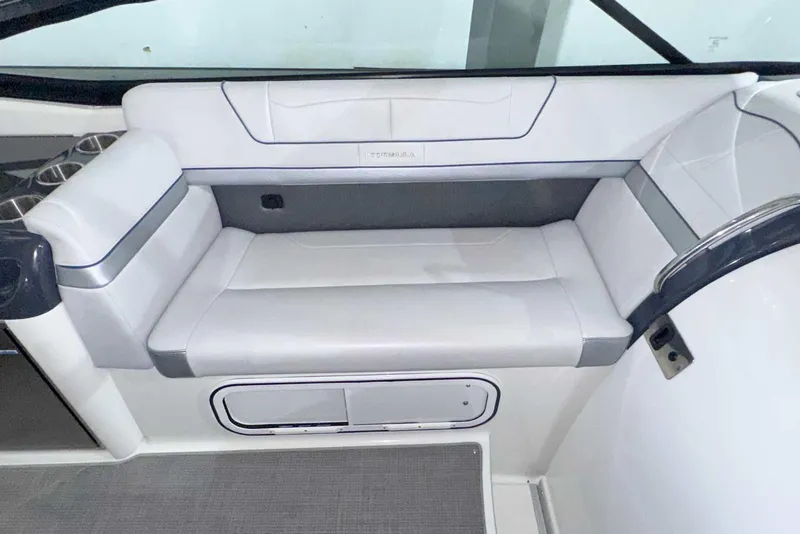 Slide: The Image of 2022 Formula 350 Sun Sport boat interior seating with sleek white upholstery. - 19