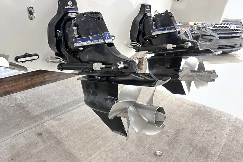 Slide: The Image of 2022 Formula 350 Sun Sport boat with dual Mercury outdrives and propellers. - 3