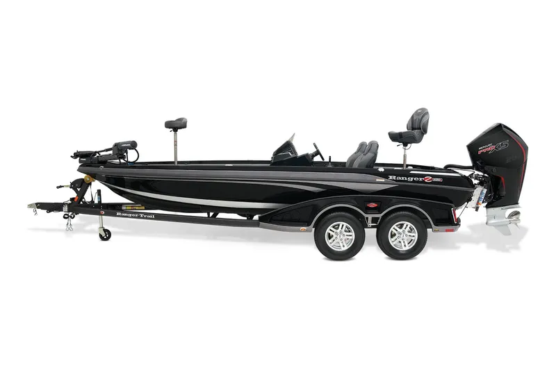 Slide: The Image of 2024 Ranger Z520R Cup-Equipped boat displayed indoors with blue lighting. - 2