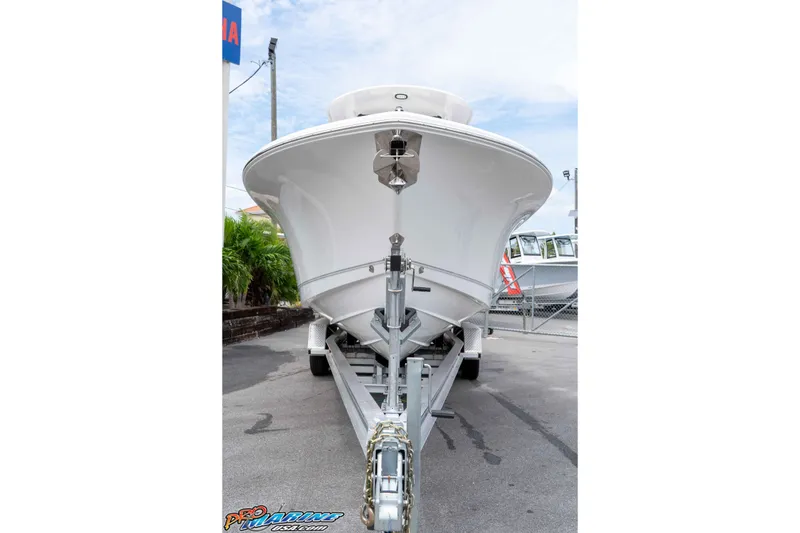 Slide: The Image of 2026 Sea Hunt Gamefish 27 Coffin Box boat on trailer, front view. - 8