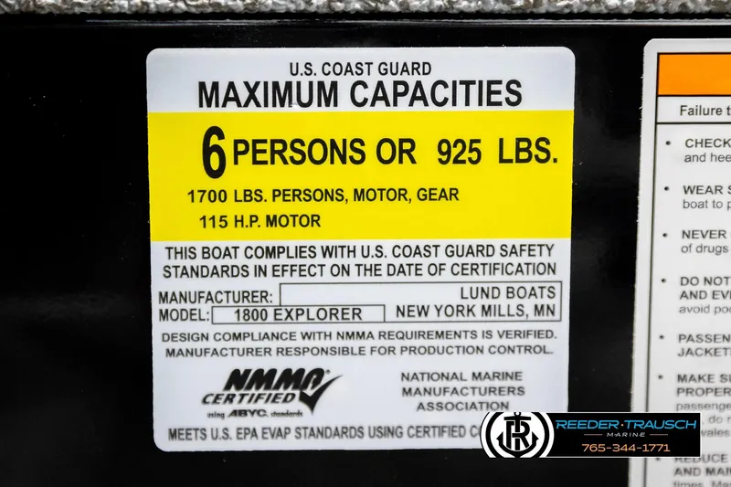 Slide: The Image of 2026 Lund 1800 Explorer Sport capacity label, 6 persons or 925 lbs, 115 HP motor. - 50