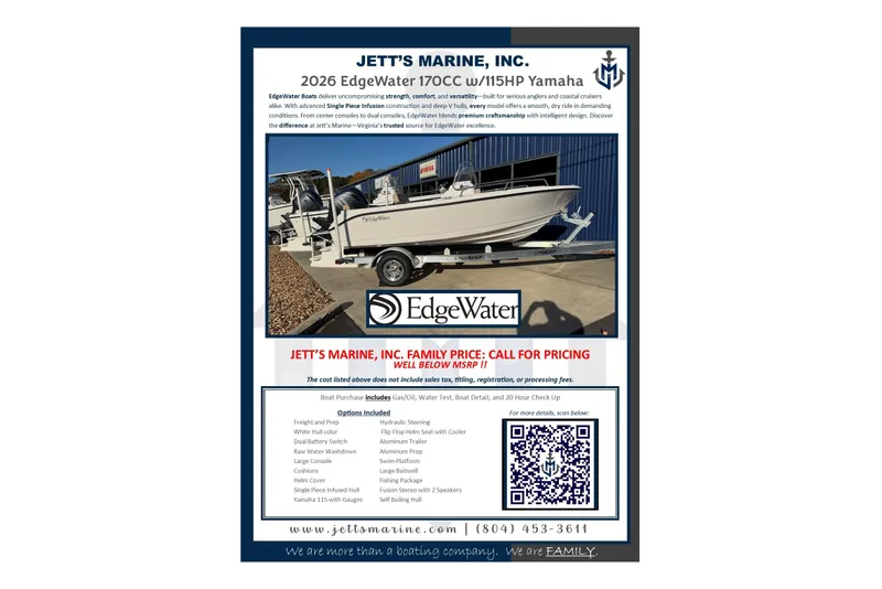 Slide: The Image of Advertisement for 2026 EdgeWater 170CC boat with 115HP Yamaha engine at Jett's Marine. - 12