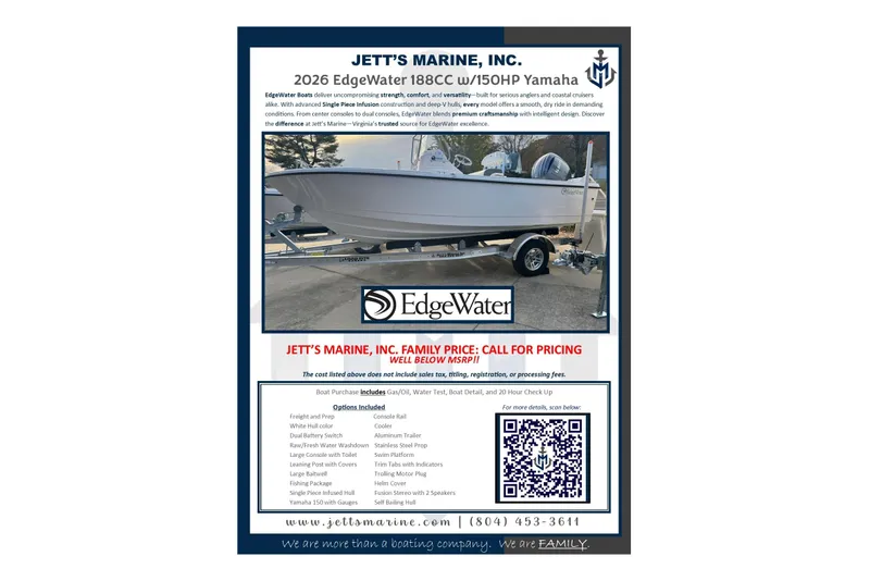Slide: The Image of 2026 EdgeWater 188CC boat advertisement with pricing details and features. - 17