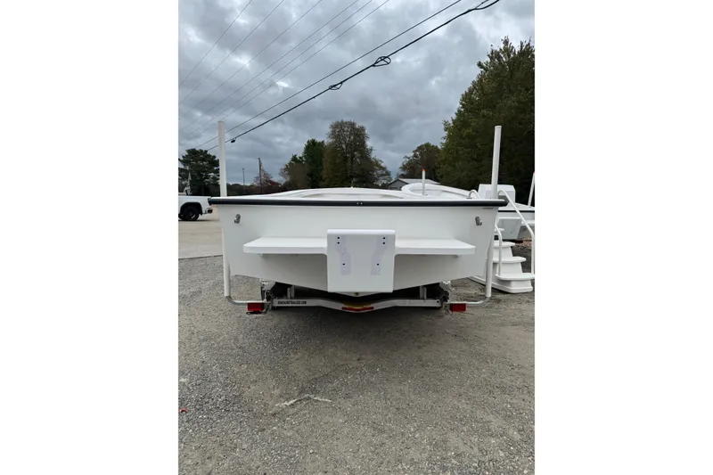 Slide: The Image of 2026 C-Hawk 26 Center Console boat on trailer, rear view, overcast sky. - 4